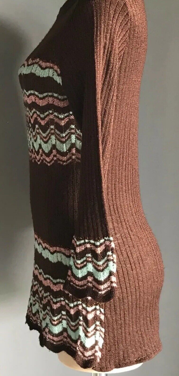 JEANSWEST Jumper Bell Sleeve Bronze Pink Mint Metallic Rib Knit Sz XL 12 1990's