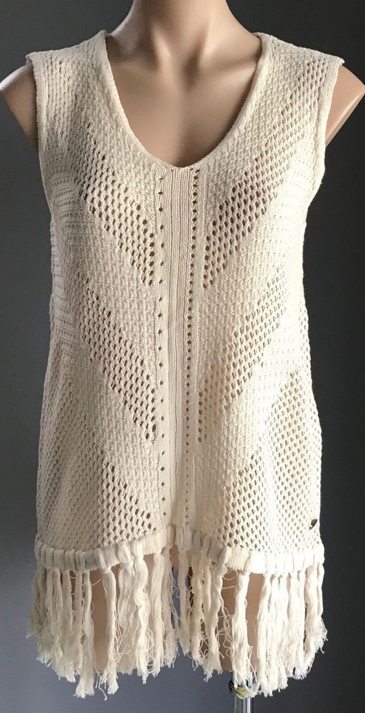 LEE COOPER Knit Top Cream Pointelle Chevron Fringe Trim Sleeveless Size M 12 NEW