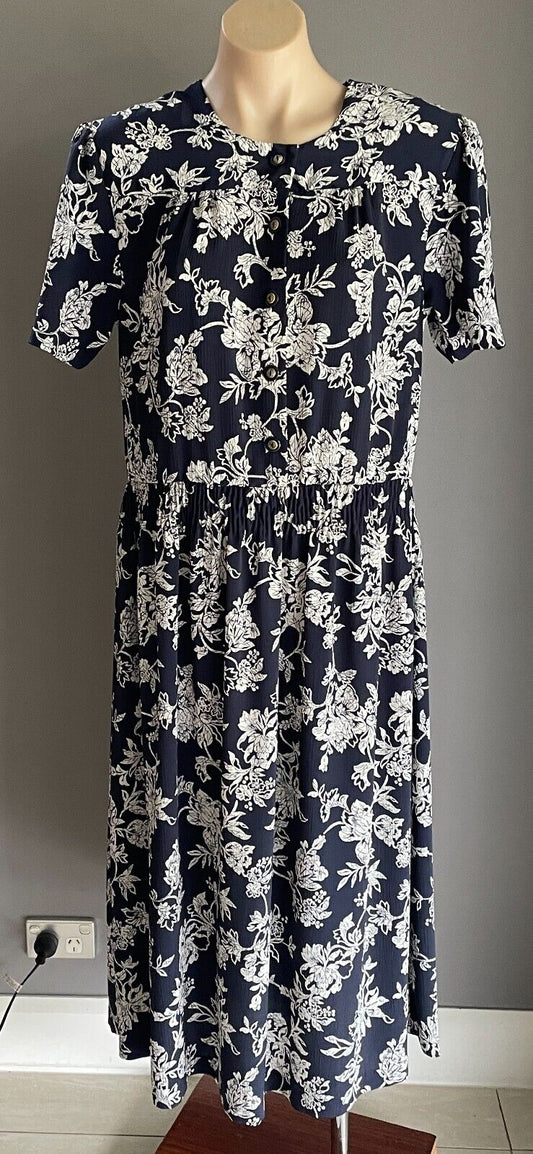 Vintage N Navy Blue White Floral Midi Dress Elastic Waist Short Sleeve Size 12