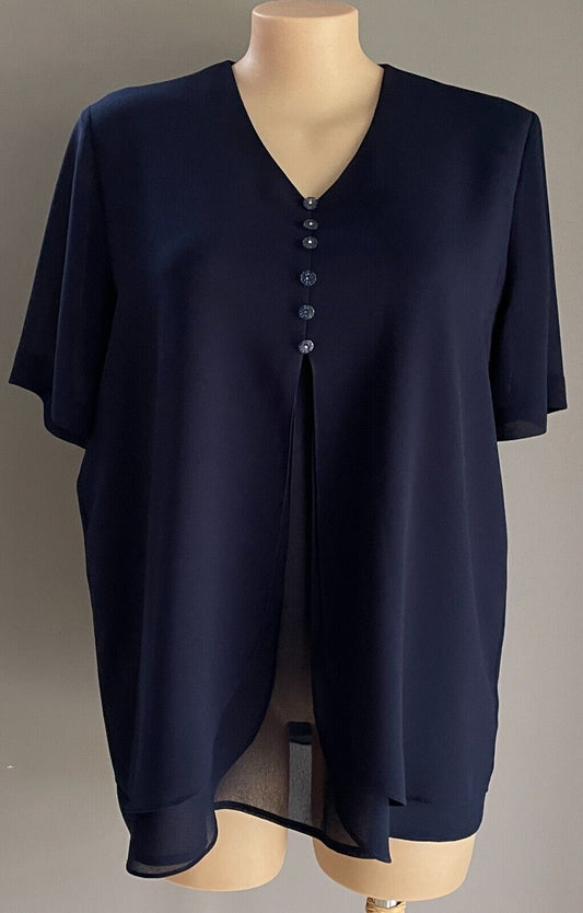 JAKI K Navy Short Sleeve Layered Blouse Plus Size 20 Decorative Buttons Zip Back