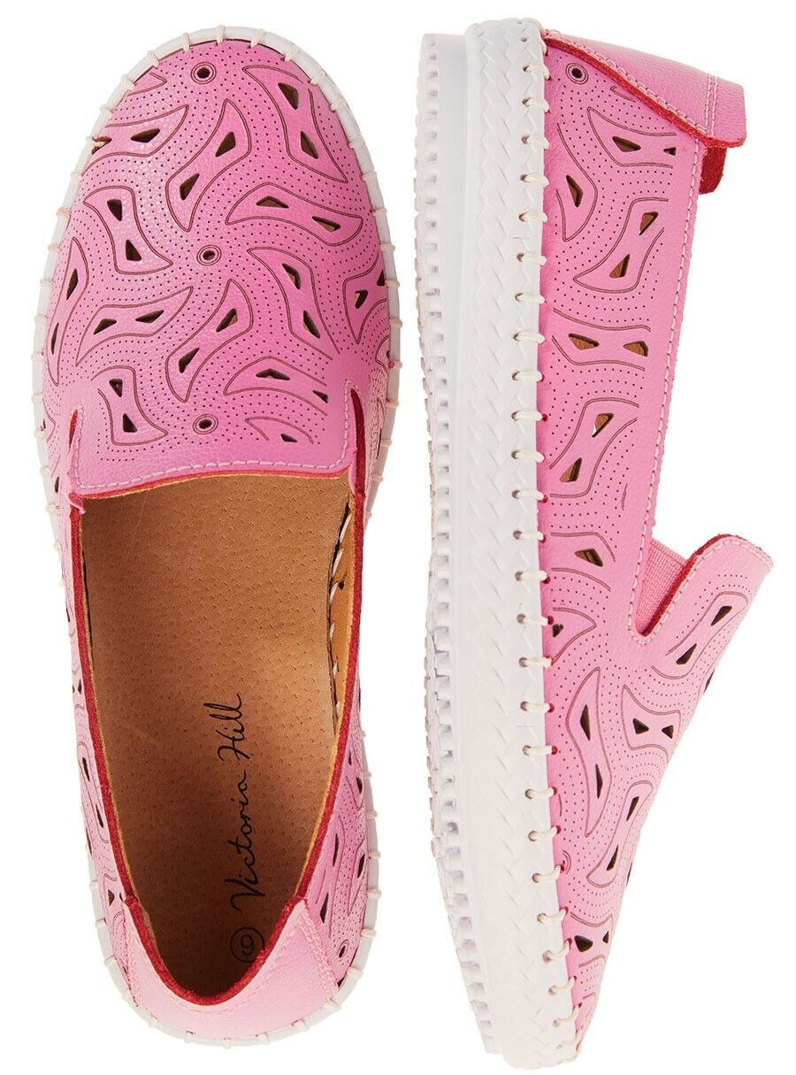 VICTORIA HILL Sneakers Pink Leather Cut Out Pull One White Rubber Sole Size 10