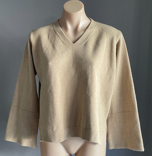 Knit Jumper Beige Sweater Long Bell Sleeves Size 16 V Neck Relaxed Fit