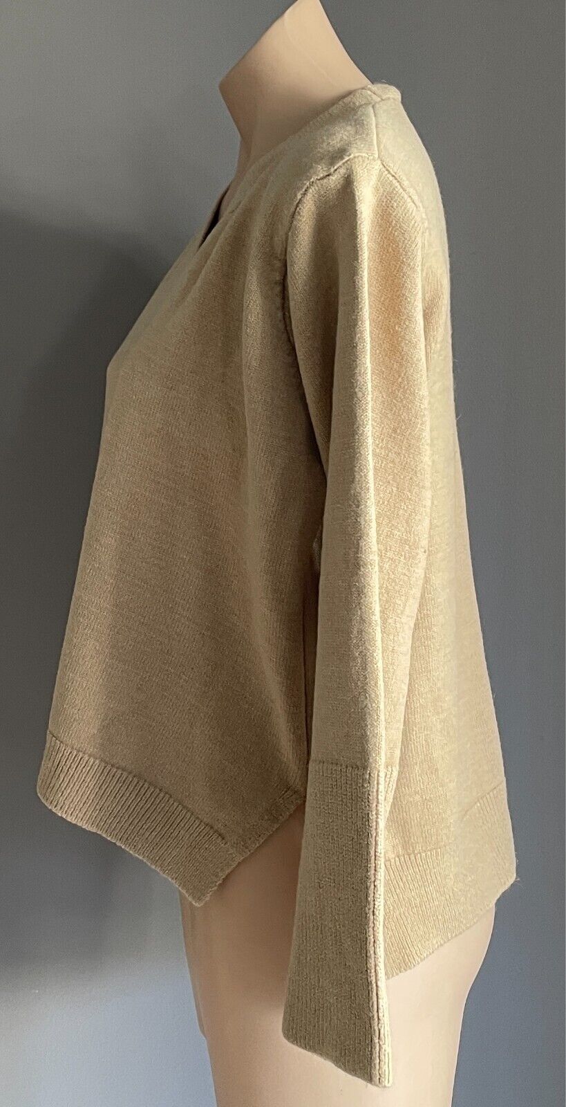 Knit Jumper Beige Sweater Long Bell Sleeves Size 16 V Neck Relaxed Fit