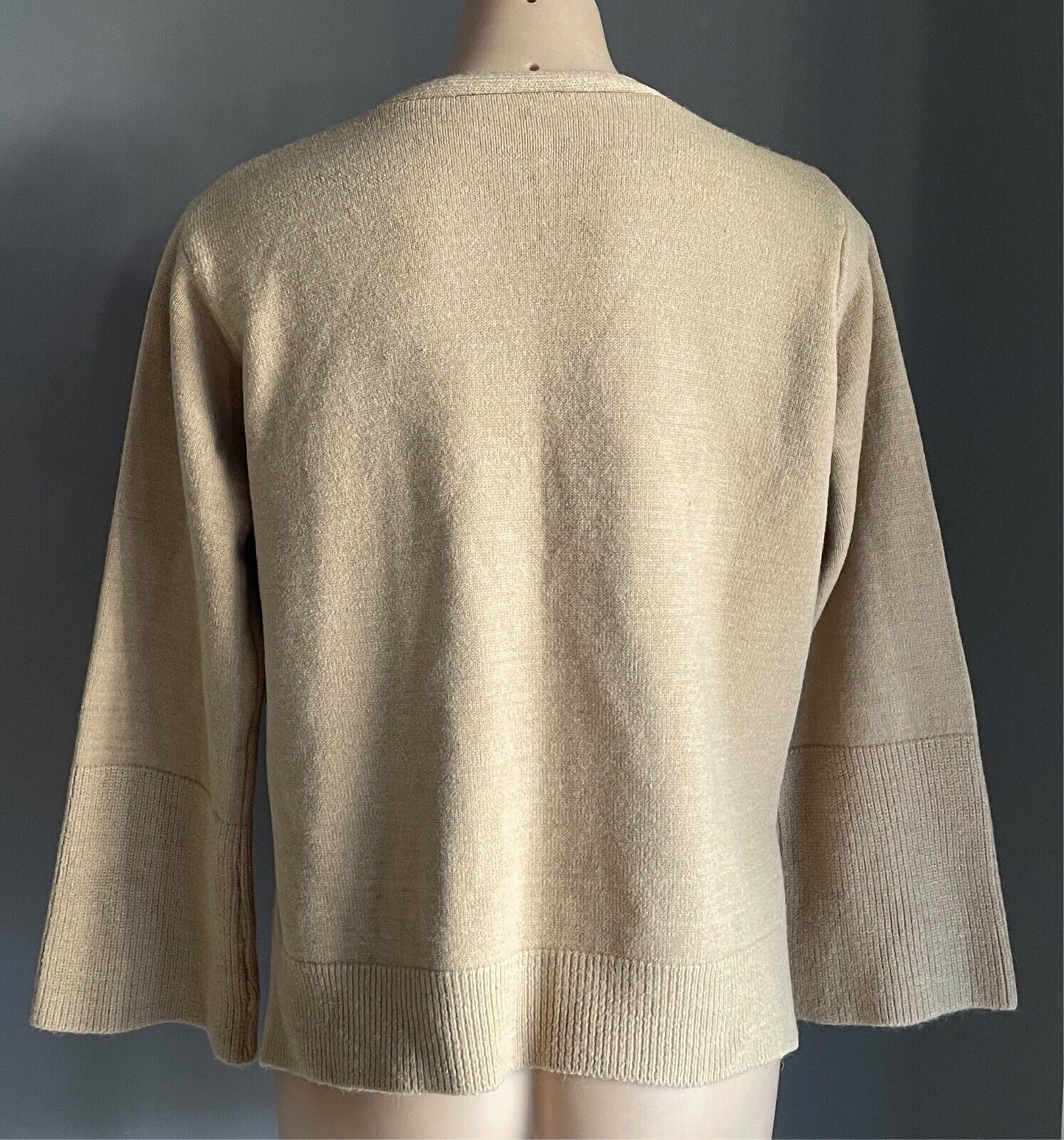 Knit Jumper Beige Sweater Long Bell Sleeves Size 16 V Neck Relaxed Fit