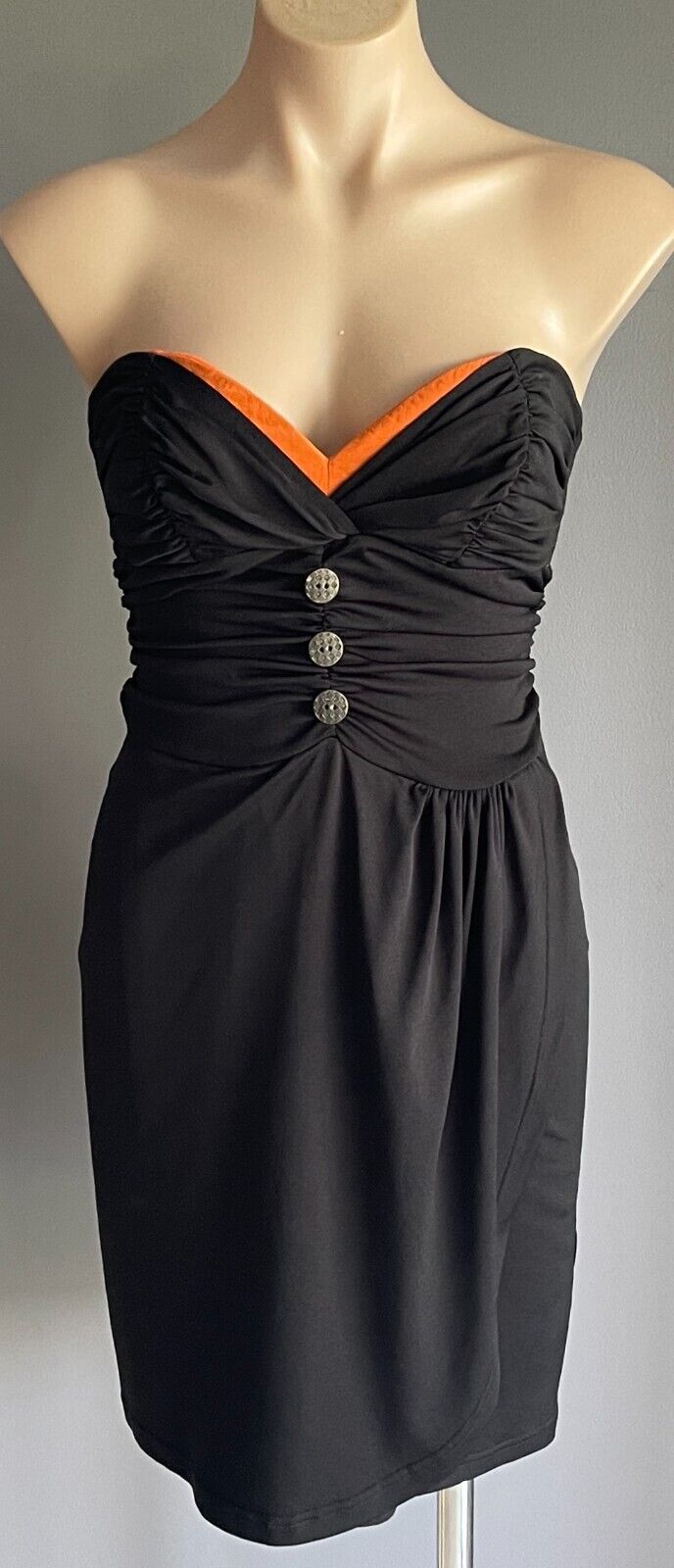 BLUEJUICE Mini Dress Black Strapless Ruched Gathered Bodice Size 10 Button Trim