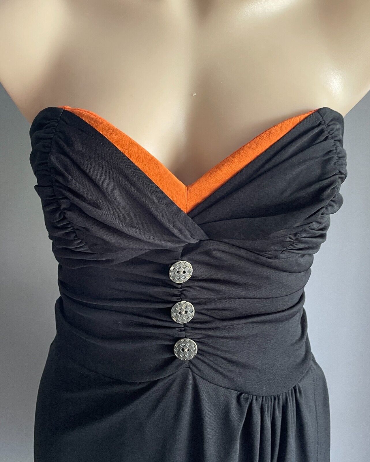BLUEJUICE Mini Dress Black Strapless Ruched Gathered Bodice Size 10 Button Trim