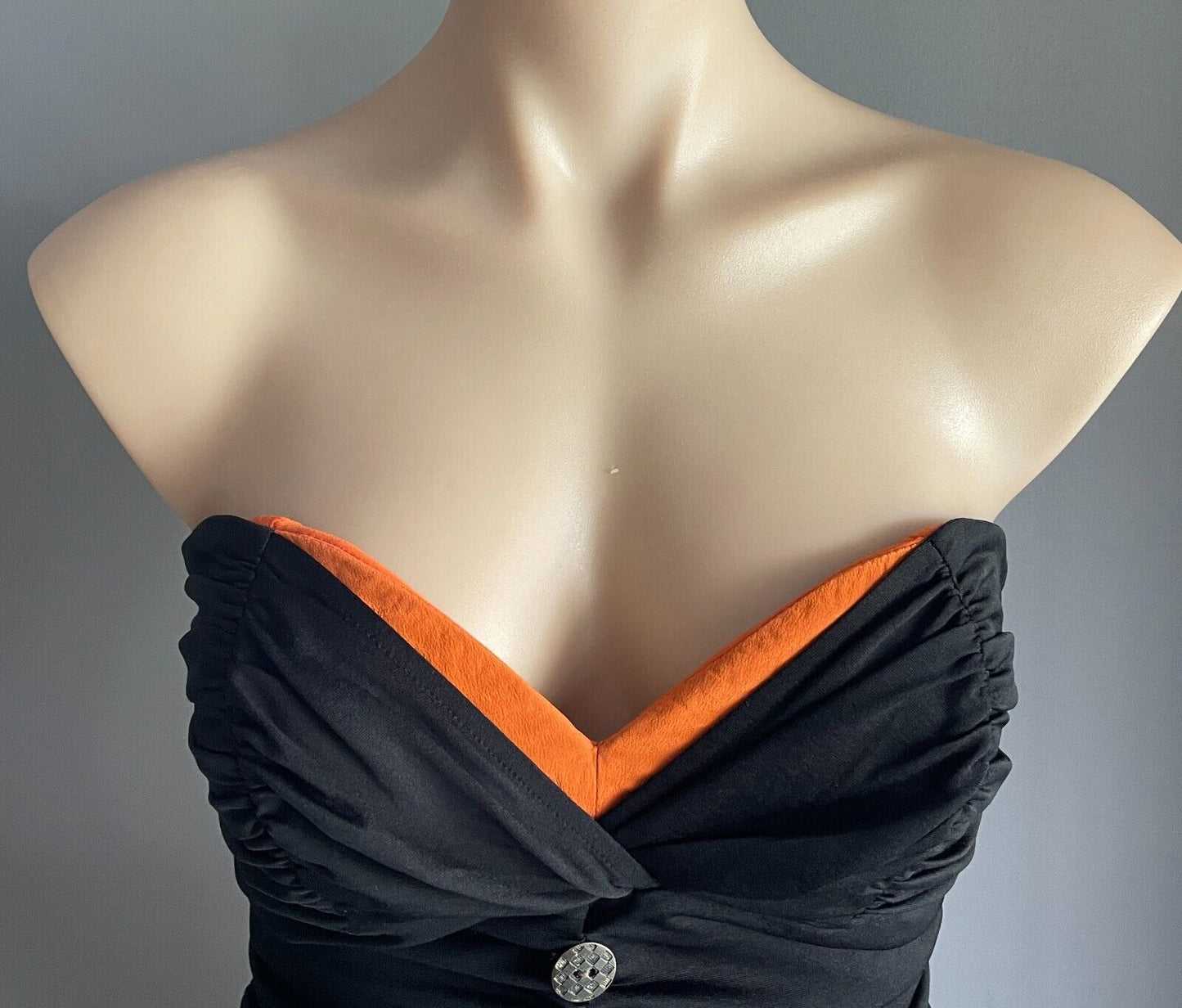 BLUEJUICE Mini Dress Black Strapless Ruched Gathered Bodice Size 10 Button Trim