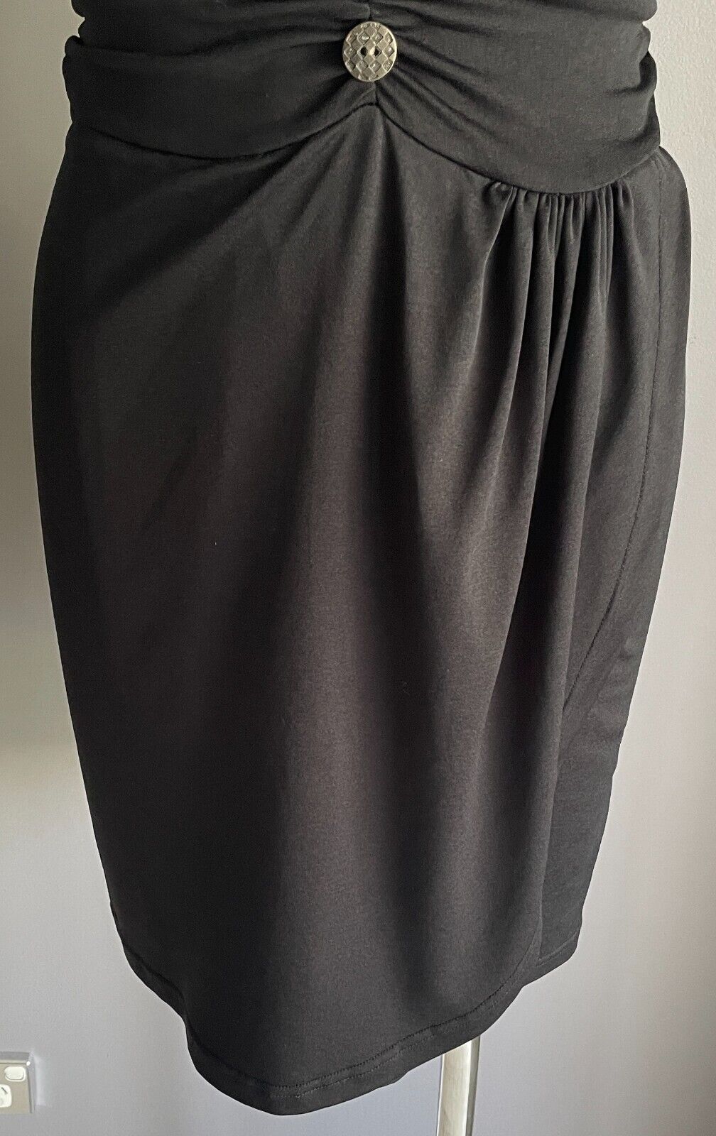 BLUEJUICE Mini Dress Black Strapless Ruched Gathered Bodice Size 10 Button Trim