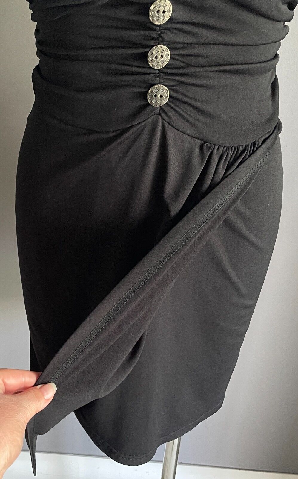 BLUEJUICE Mini Dress Black Strapless Ruched Gathered Bodice Size 10 Button Trim
