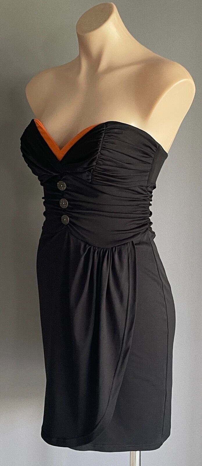 BLUEJUICE Mini Dress Black Strapless Ruched Gathered Bodice Size 10 Button Trim