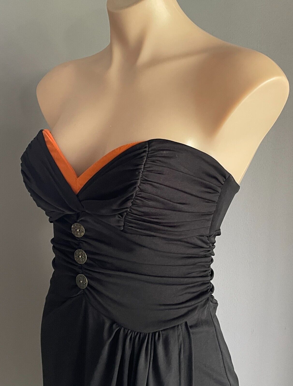 BLUEJUICE Mini Dress Black Strapless Ruched Gathered Bodice Size 10 Button Trim
