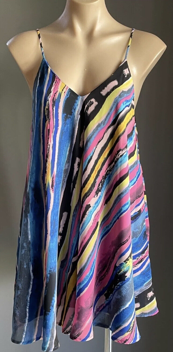 AVOCADO Top Tie Dye Long Top Mini Dress Rainbow Spaghetti A-Line Size 14 NEW