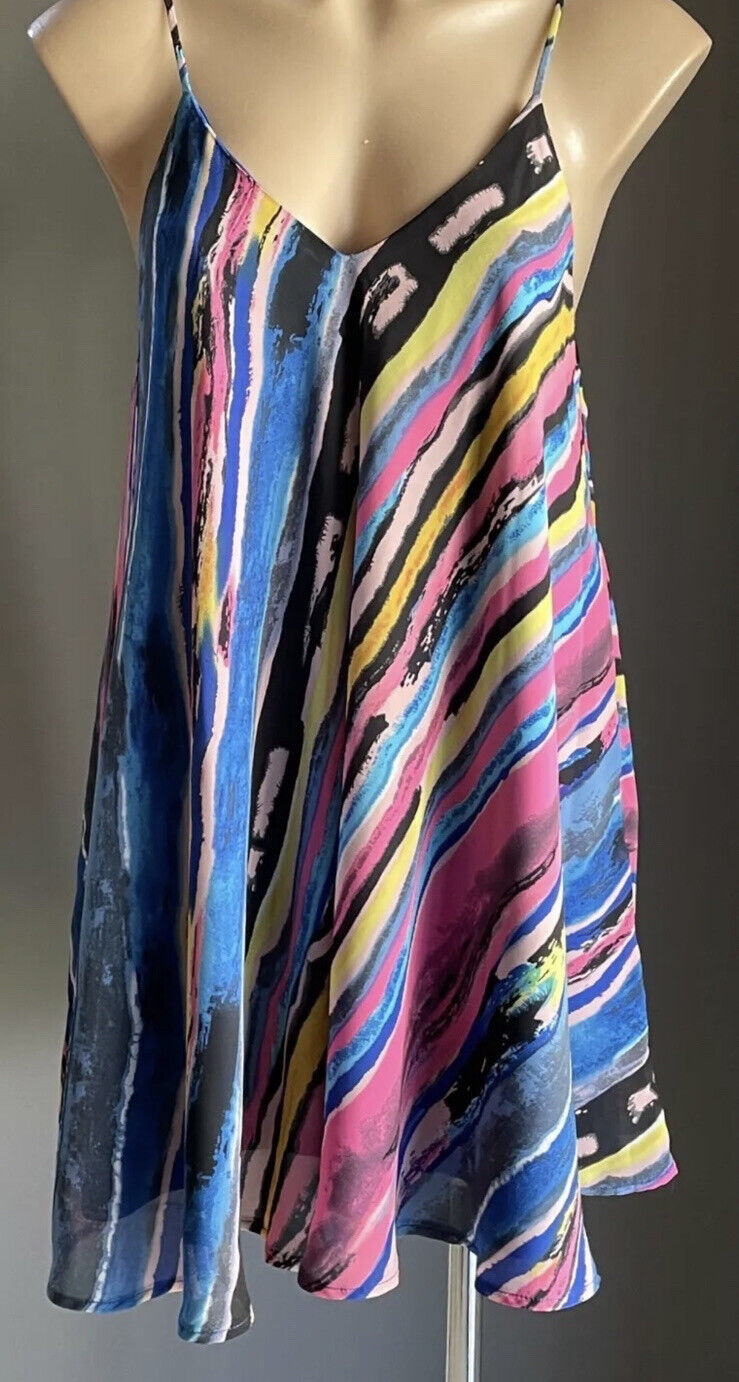 AVOCADO Top Tie Dye Long Top Mini Dress Rainbow Spaghetti A-Line Size 14 NEW