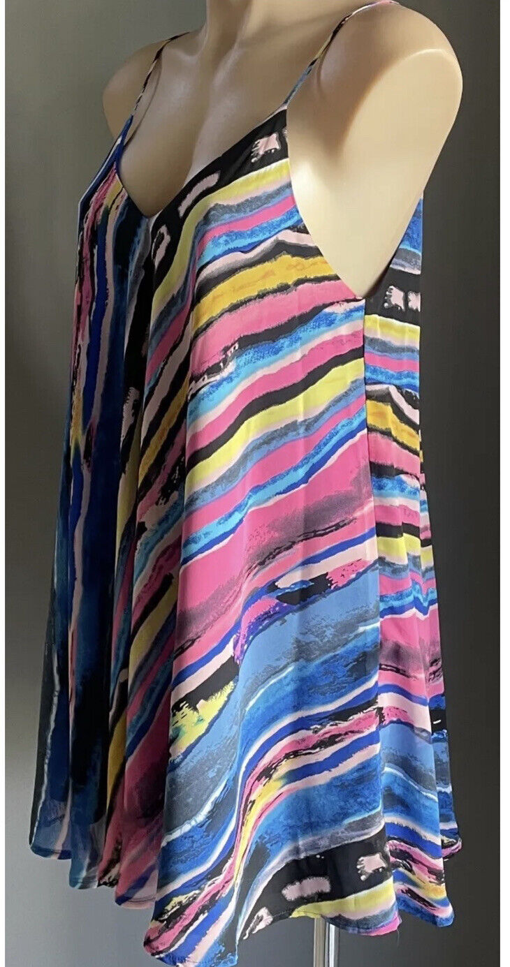 AVOCADO Top Tie Dye Long Top Mini Dress Rainbow Spaghetti A-Line Size 14 NEW