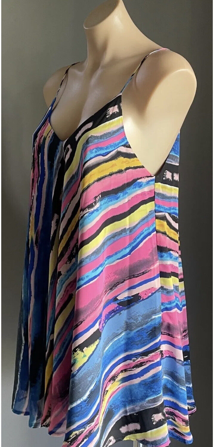 AVOCADO Top Tie Dye Long Top Mini Dress Rainbow Spaghetti A-Line Size 14 NEW
