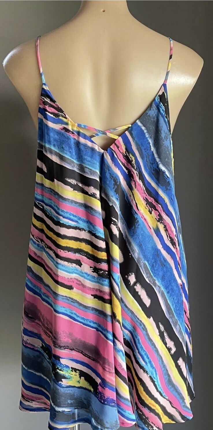AVOCADO Top Tie Dye Long Top Mini Dress Rainbow Spaghetti A-Line Size 14 NEW