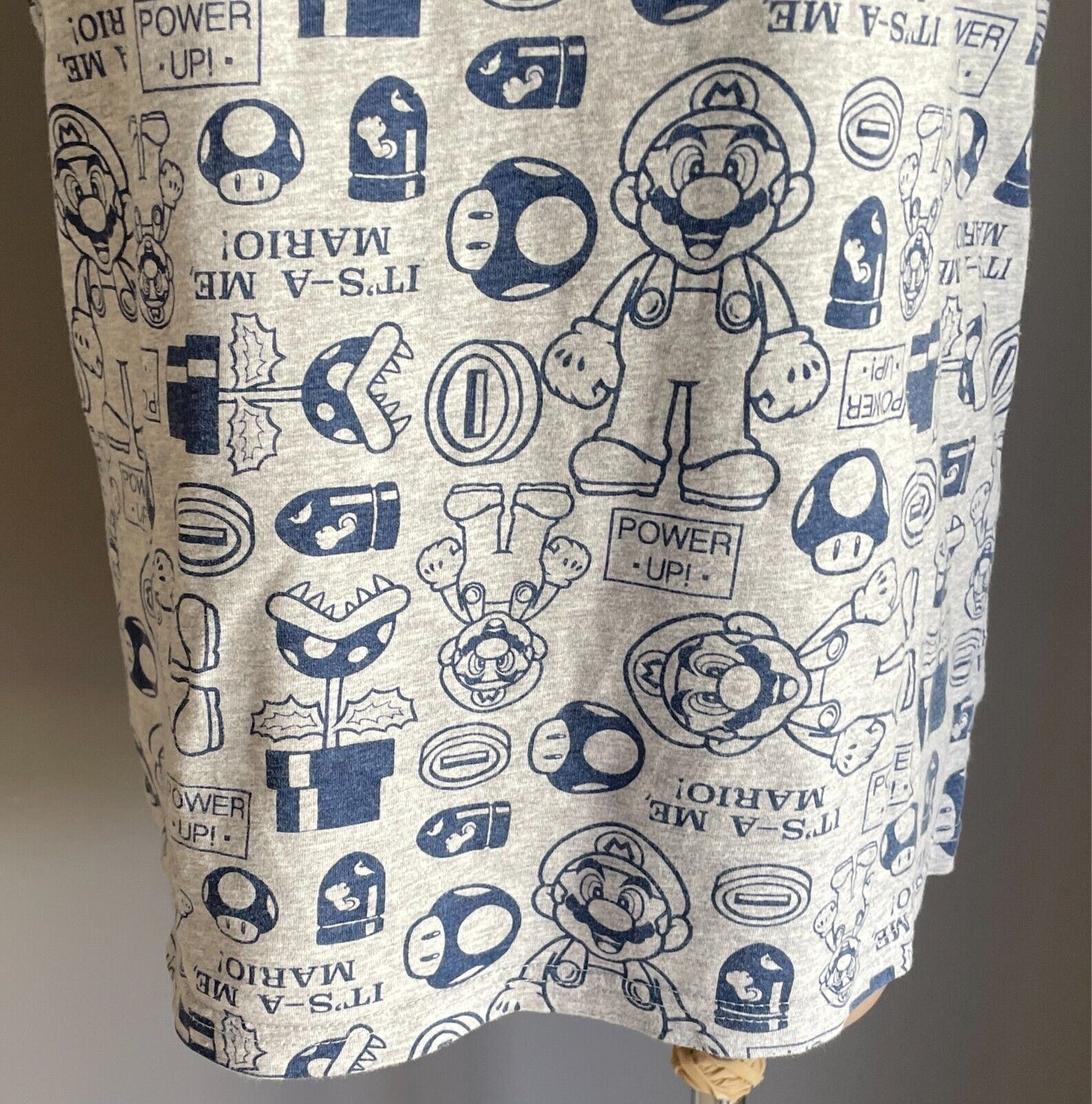SUPER MARIO Grey Marl T-Shirt Blue All Over Print Short Sleeves Size L