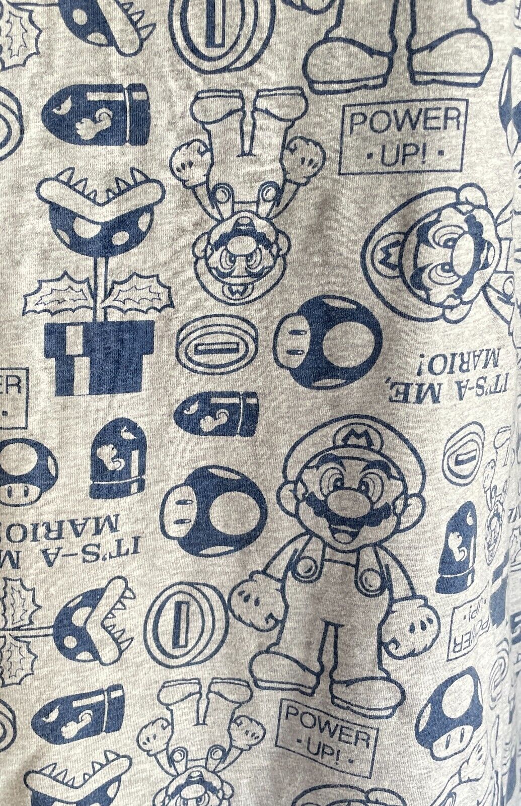 SUPER MARIO Grey Marl T-Shirt Blue All Over Print Short Sleeves Size L