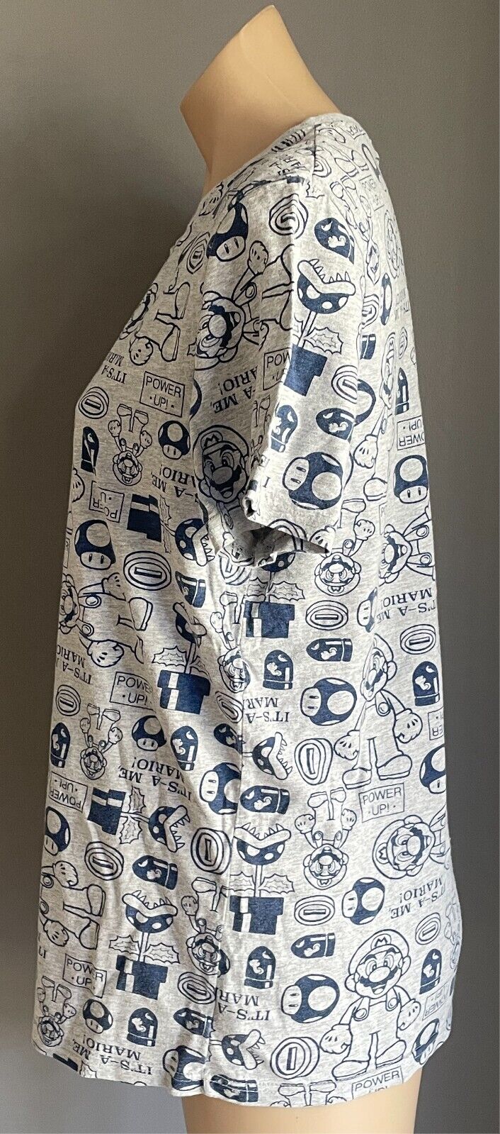 SUPER MARIO Grey Marl T-Shirt Blue All Over Print Short Sleeves Size L