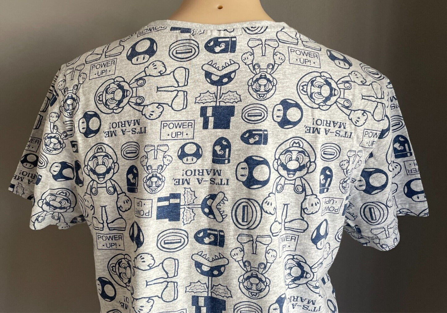 SUPER MARIO Grey Marl T-Shirt Blue All Over Print Short Sleeves Size L