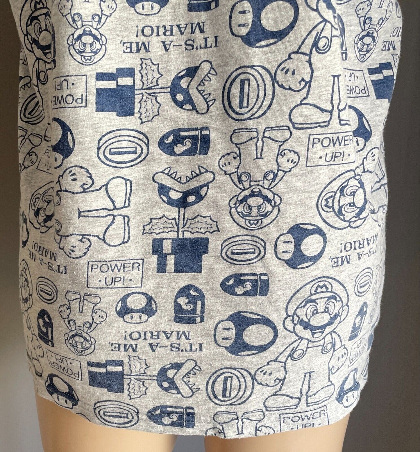 SUPER MARIO Grey Marl T-Shirt Blue All Over Print Short Sleeves Size L