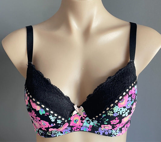 KAYSER Bra 10DD Colourful Floral Fabric Black Lace Trim Underwire Adjustable