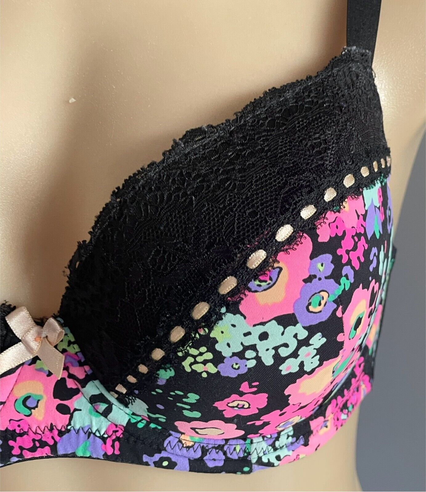 KAYSER Bra 10DD Colourful Floral Fabric Black Lace Trim Underwire Adjustable