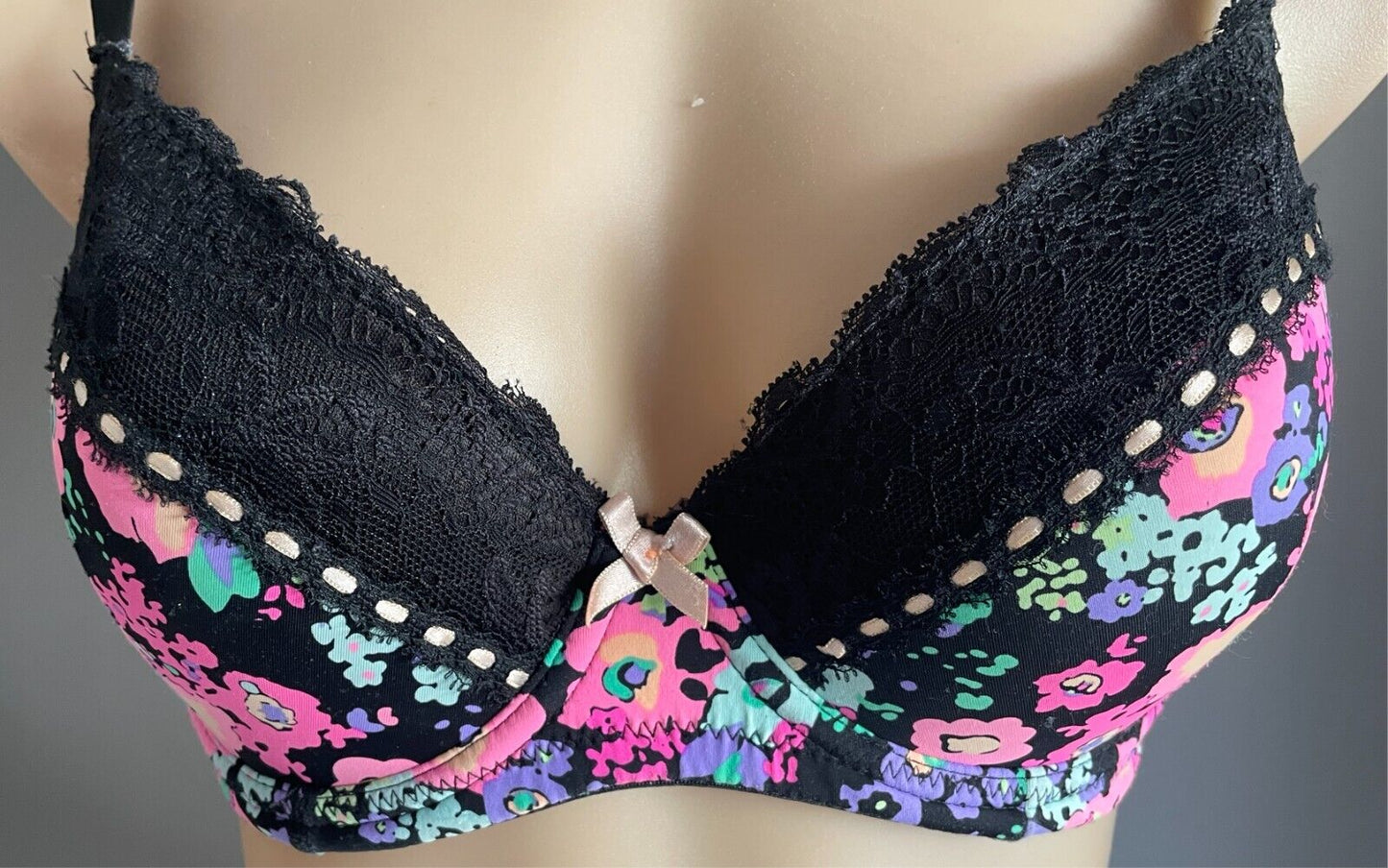 KAYSER Bra 10DD Colourful Floral Fabric Black Lace Trim Underwire Adjustable
