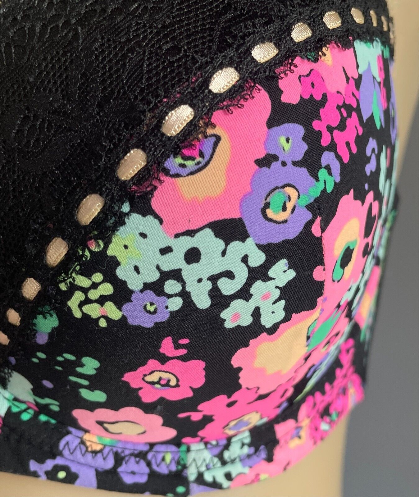 KAYSER Bra 10DD Colourful Floral Fabric Black Lace Trim Underwire Adjustable