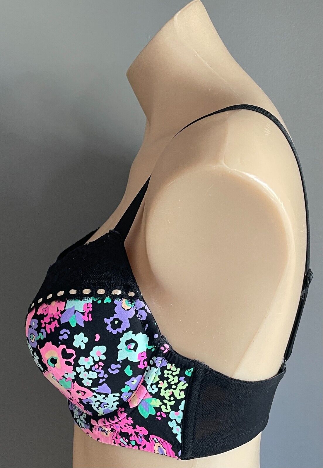KAYSER Bra 10DD Colourful Floral Fabric Black Lace Trim Underwire Adjustable