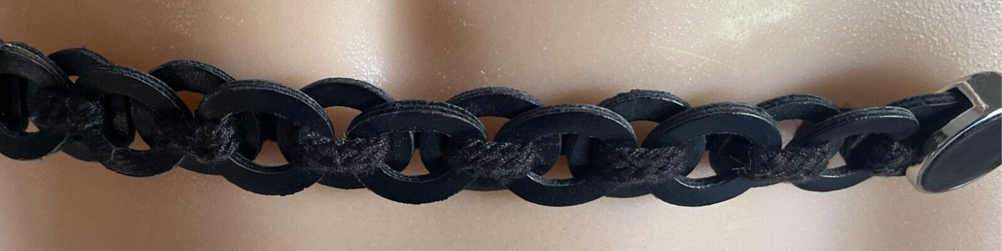 Black Pleather Woven Disc Belt 2cm W Tassel Chain Trim Waist 83 - 120cm NEW