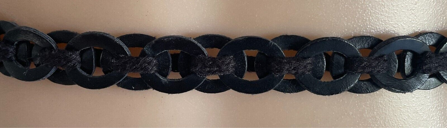 Black Pleather Woven Disc Belt 2cm W Tassel Chain Trim Waist 83 - 120cm NEW