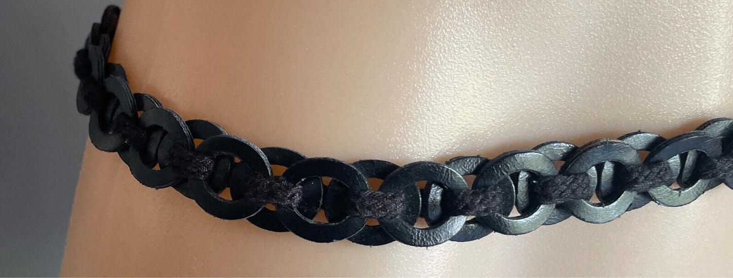 Black Pleather Woven Disc Belt 2cm W Tassel Chain Trim Waist 83 - 120cm NEW