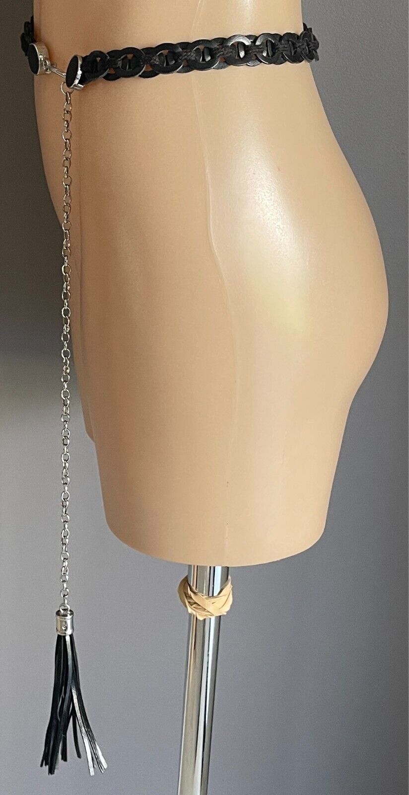 Black Pleather Woven Disc Belt 2cm W Tassel Chain Trim Waist 83 - 120cm NEW
