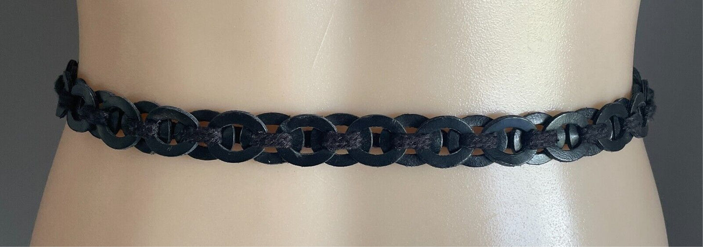 Black Pleather Woven Disc Belt 2cm W Tassel Chain Trim Waist 83 - 120cm NEW
