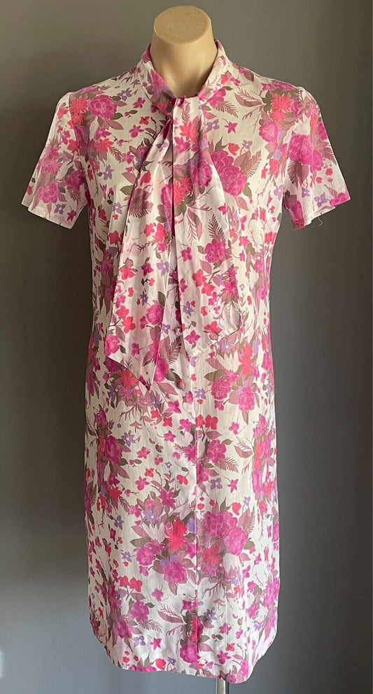 PARK LANE Dress White Floral Print Cap Sleeve Tie Neck Sheath Size 14 Vintage
