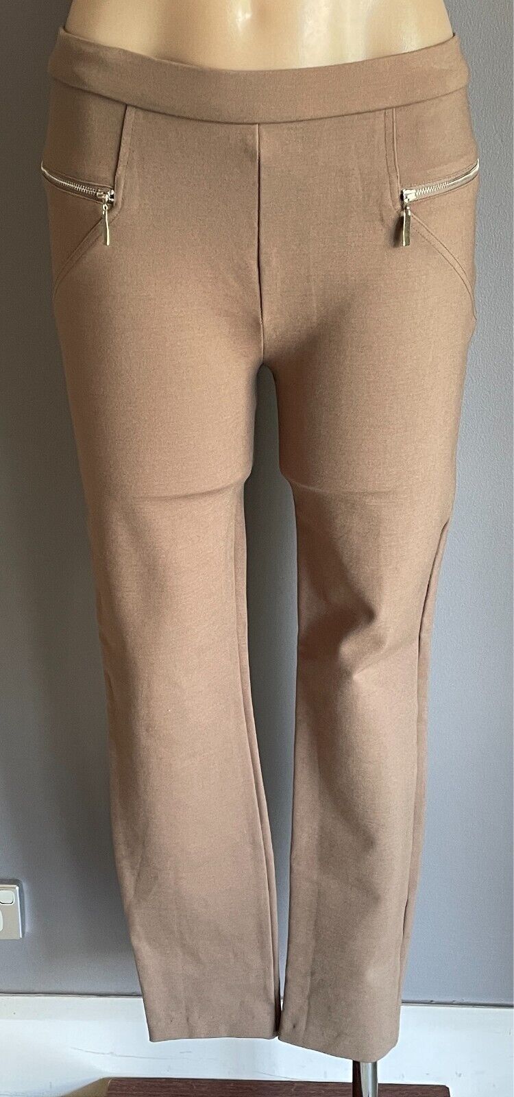 TEABERRY Pants Light Brown Pull On Off Thick Stretch Size 12 Zip Trim Slim Fit
