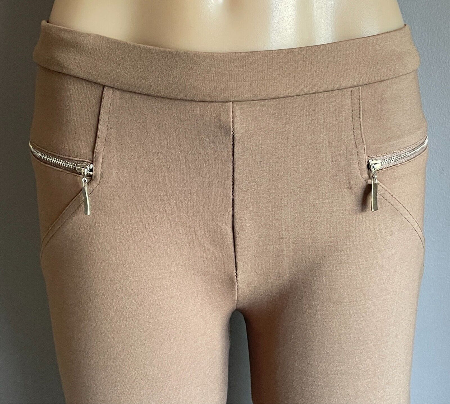 TEABERRY Pants Light Brown Pull On Off Thick Stretch Size 12 Zip Trim Slim Fit