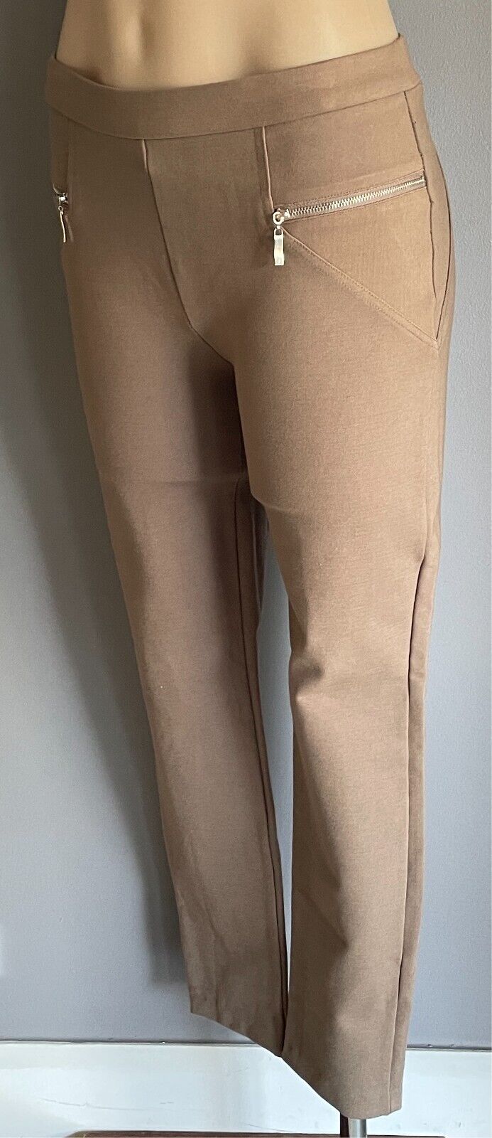 TEABERRY Pants Light Brown Pull On Off Thick Stretch Size 12 Zip Trim Slim Fit