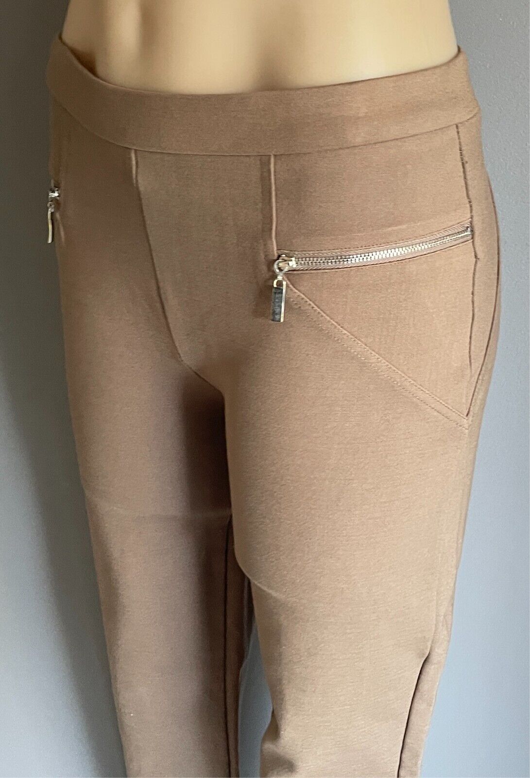 TEABERRY Pants Light Brown Pull On Off Thick Stretch Size 12 Zip Trim Slim Fit