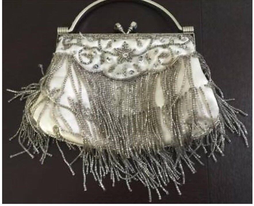 Vintage Handbag Ivory & Silver Evening Frame Clutch Bag Bead Strands & Sequins