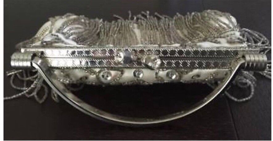 Vintage Handbag Ivory & Silver Evening Frame Clutch Bag Bead Strands & Sequins