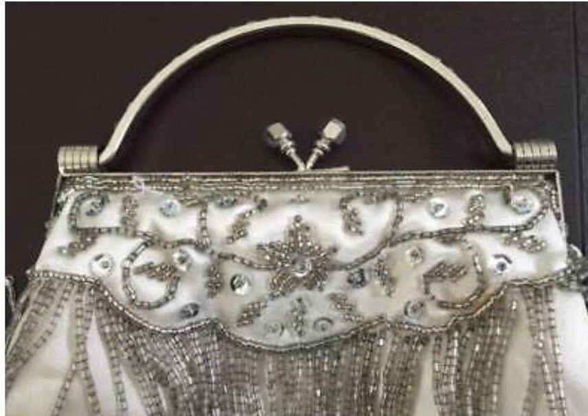 Vintage Handbag Ivory & Silver Evening Frame Clutch Bag Bead Strands & Sequins