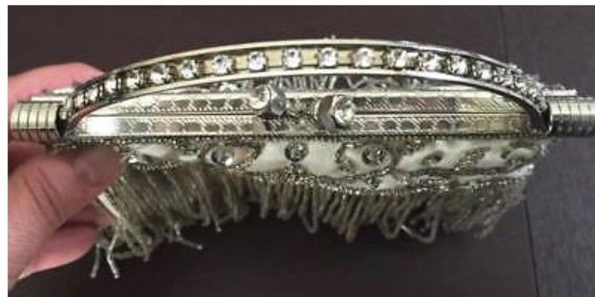 Vintage Handbag Ivory & Silver Evening Frame Clutch Bag Bead Strands & Sequins