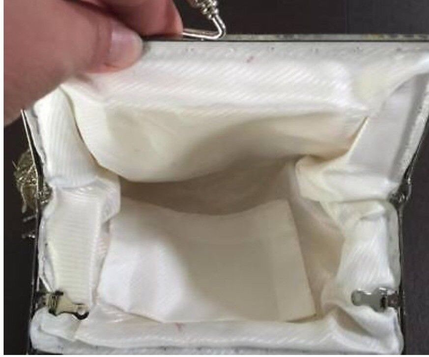 Vintage Handbag Ivory & Silver Evening Frame Clutch Bag Bead Strands & Sequins