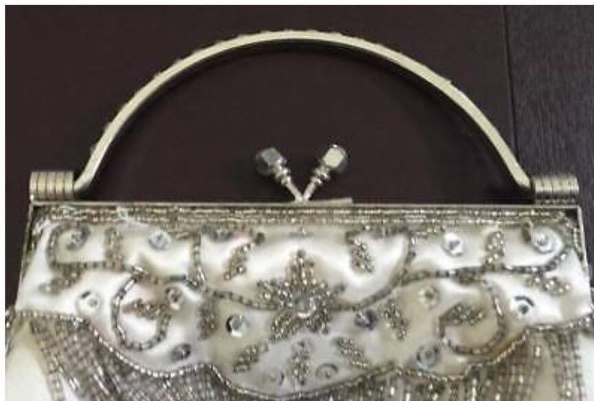 Vintage Handbag Ivory & Silver Evening Frame Clutch Bag Bead Strands & Sequins