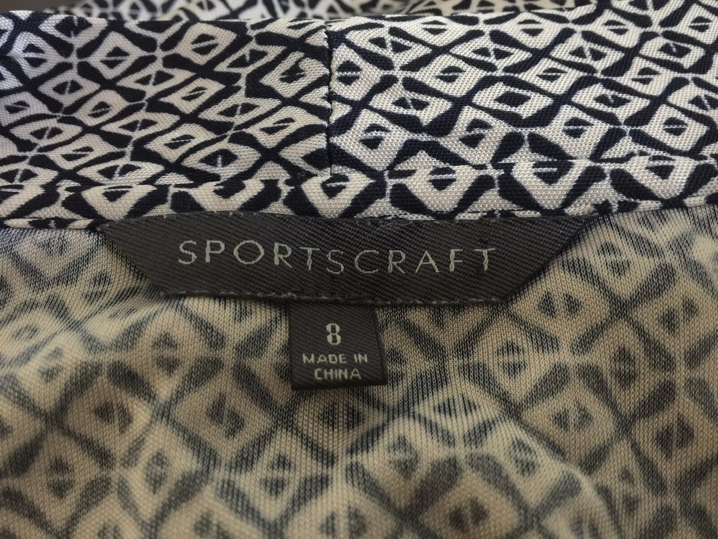 SPORTSCRAFT Empire Dress Navy White Tile Print 3/4 Sleeve Size 8 10 Gorgeous