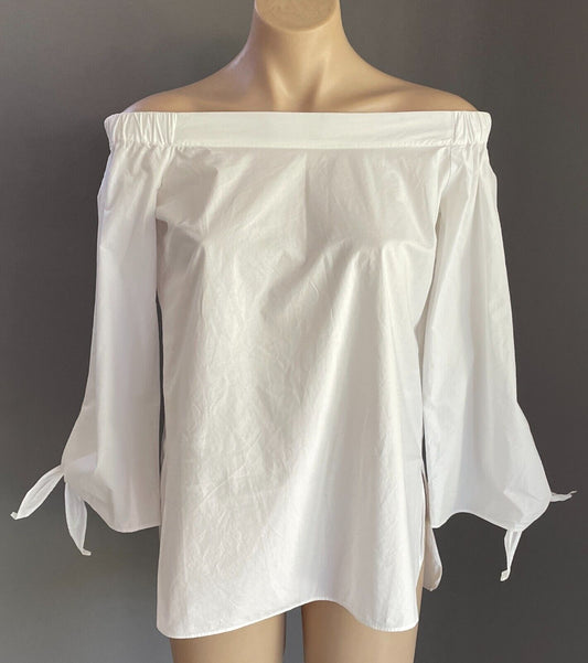 BARDOT Top White Off The Shoulder 3/4 Bell Sleeve with Tie Cotton Blouse Size 10
