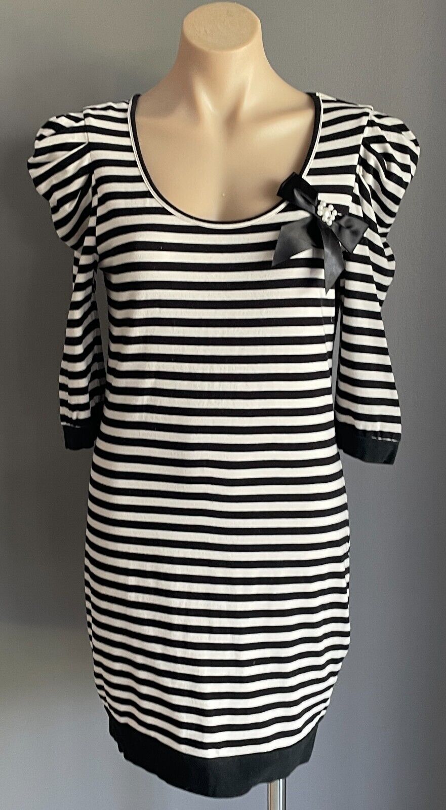 BARDOT Sweater Dress Black & White Stripe 3/4 Sleeve Bow Trim Stretch Size 14
