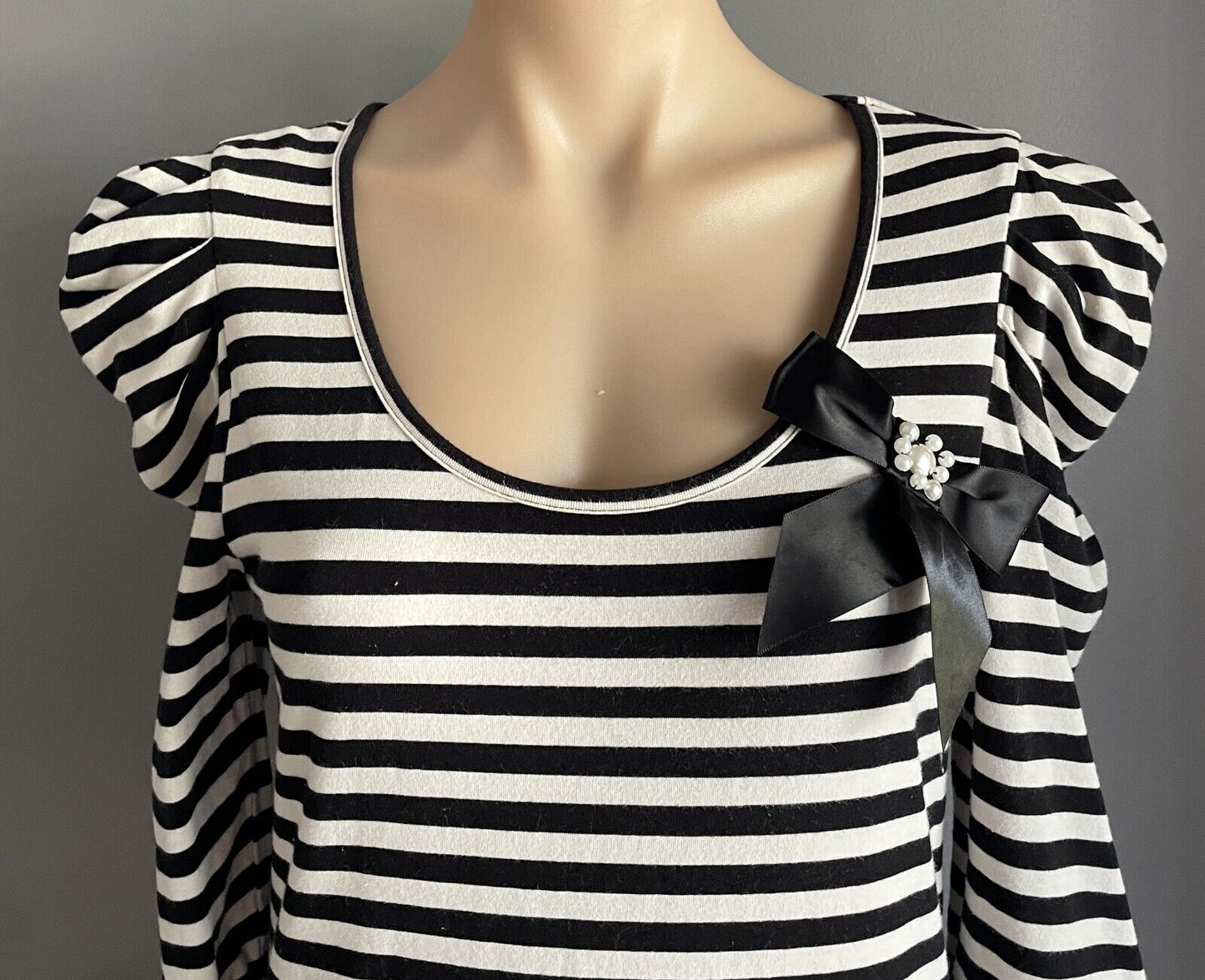 BARDOT Sweater Dress Black & White Stripe 3/4 Sleeve Bow Trim Stretch Size 14